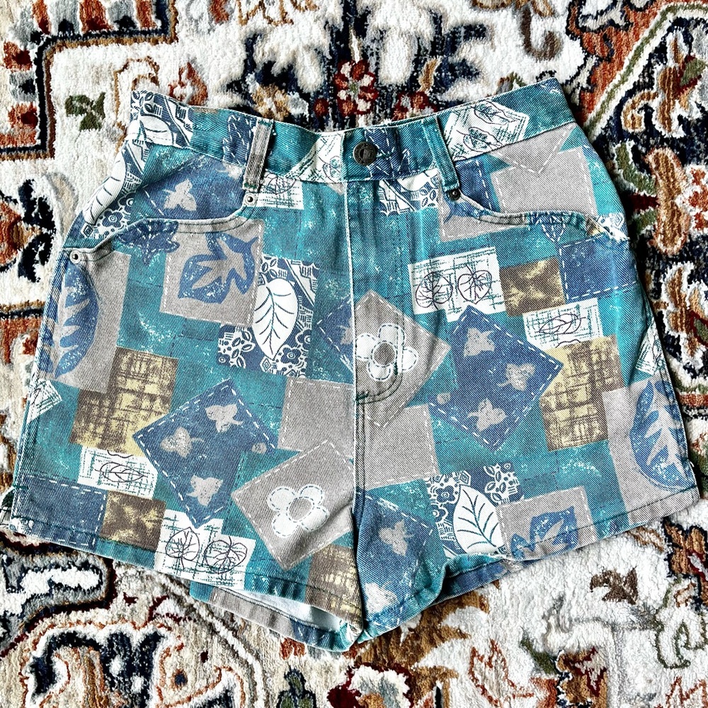 90s BonJor Denim Shorts High Rise Blue Grey Patchwork Pattern Size 2/4
